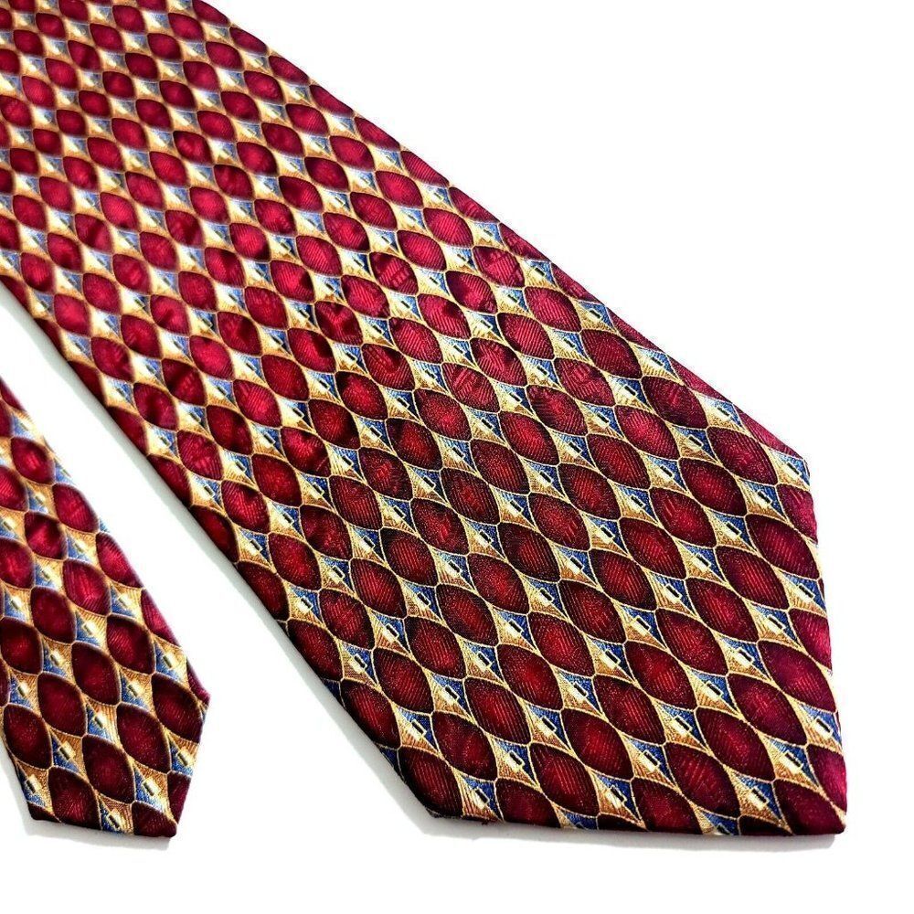 Jos A Bank Red Tan Gray Geometric Jacquard Print Wide Silk Tie